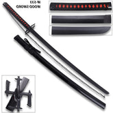 Anime-inspired Bleach Ichigo Kurosaki Bankai display collectible featuring premium wooden construction, black decorative finish and matching plastic scabbard for cosplay photography and fan collections