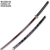 Shusui Wood Katana One Piece collectible inspired by Roronoa Zoro featuring premium wooden craftsmanship, decorative black finish, matching plastic scabbard, and detailed anime styling for collectors and cosplay enthusiasts.