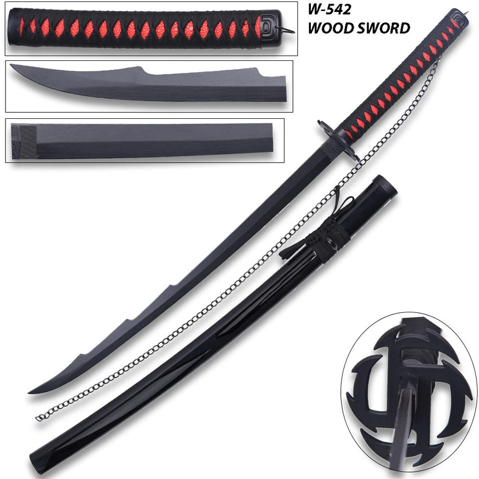 High-quality Bleach Ichigo Kurosaki Wood Display Collectible designed for anime enthusiasts, cosplay events, themed photography, gaming room decoration and premium collector displays with matching black scabbard