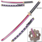 Bleach Ichigo Kurosaki Zangetsu LED katana replica with pink LED blade and purple scabbard, full sword view on white background