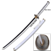 Bleach Rukia Kuchiki Sode No Shirayuki LED katana displayed with white scabbard and oval tsuba guard detail on white background