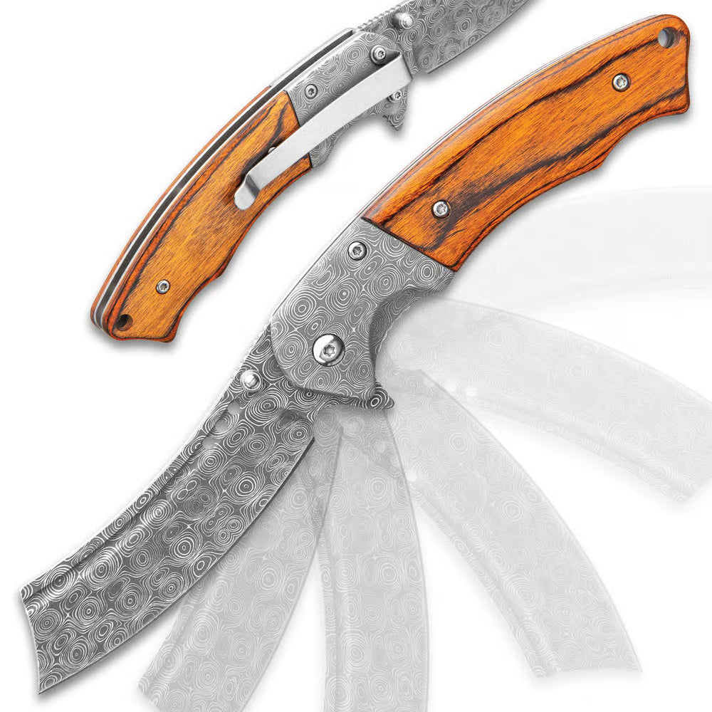 Boot Hill Razor pocket knife with Damascus pattern steel and wooden handle scales