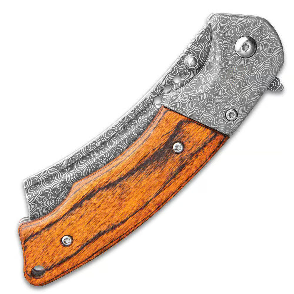 Boot Hill Razor pocket knife with Damascus pattern steel and wooden handle scales