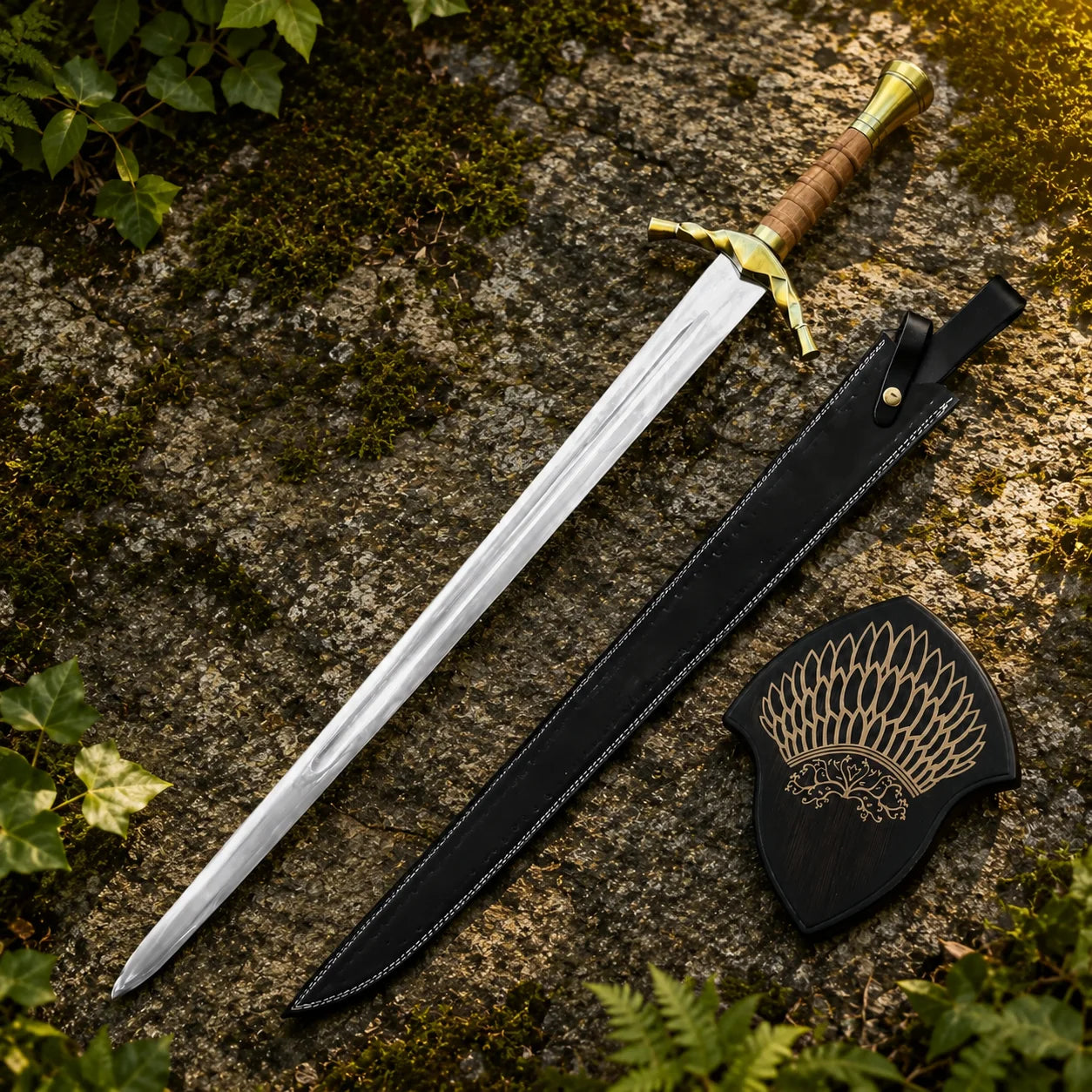 Boromir Sword Lord of the Rings display replica with silver and gold-tone finish, dark handle styling, and fantasy collectible decor presentation