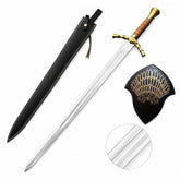 Boromir sword prop replica full length on mossy log with black leather scabbard twisted brass crossguard and brown leather ribbed grip – LOTR Gondor display collectible
