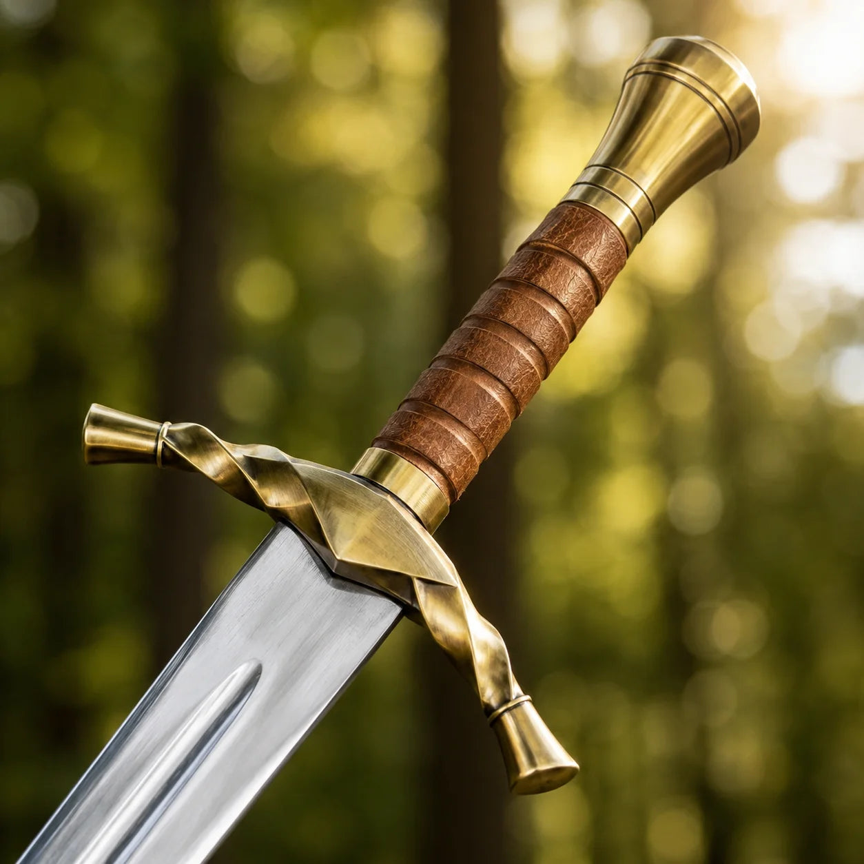 Boromir sword prop replica full length side view on rustic wood log in sunlit forest showing complete double fuller blade twisted brass crossguard and brass pommel – LOTR fan gift