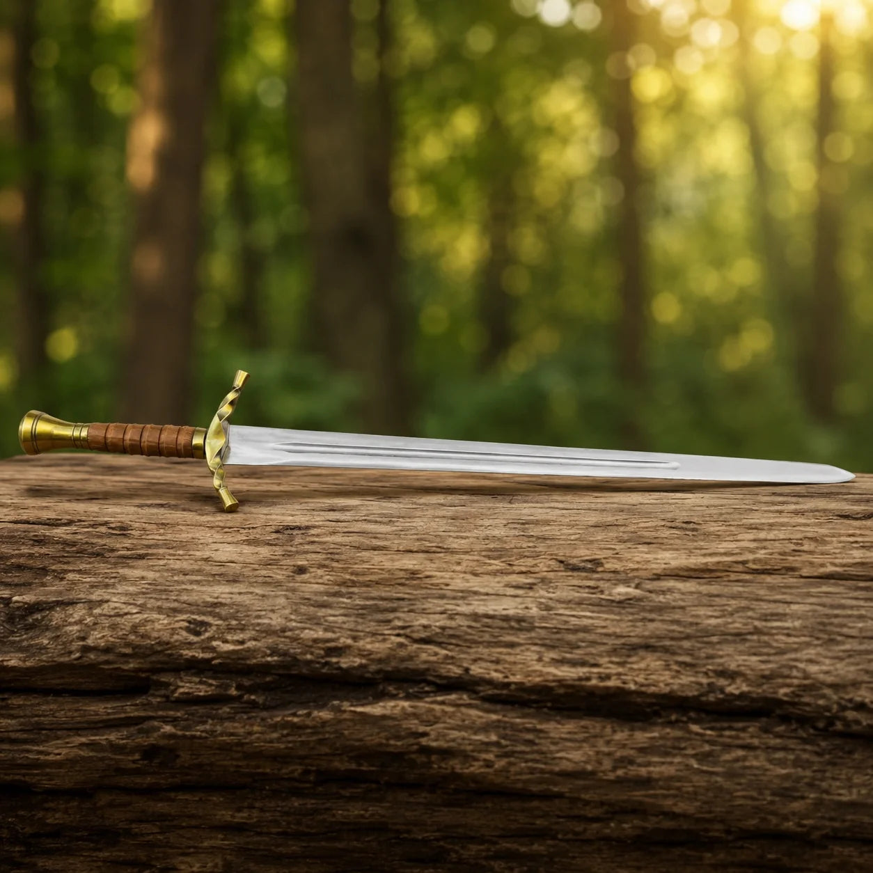 Boromir sword prop replica held aloft in gloved hand in sunlit forest showing full polished double fuller blade and twisted brass crossguard with brass pommel – LOTR cosplay prop