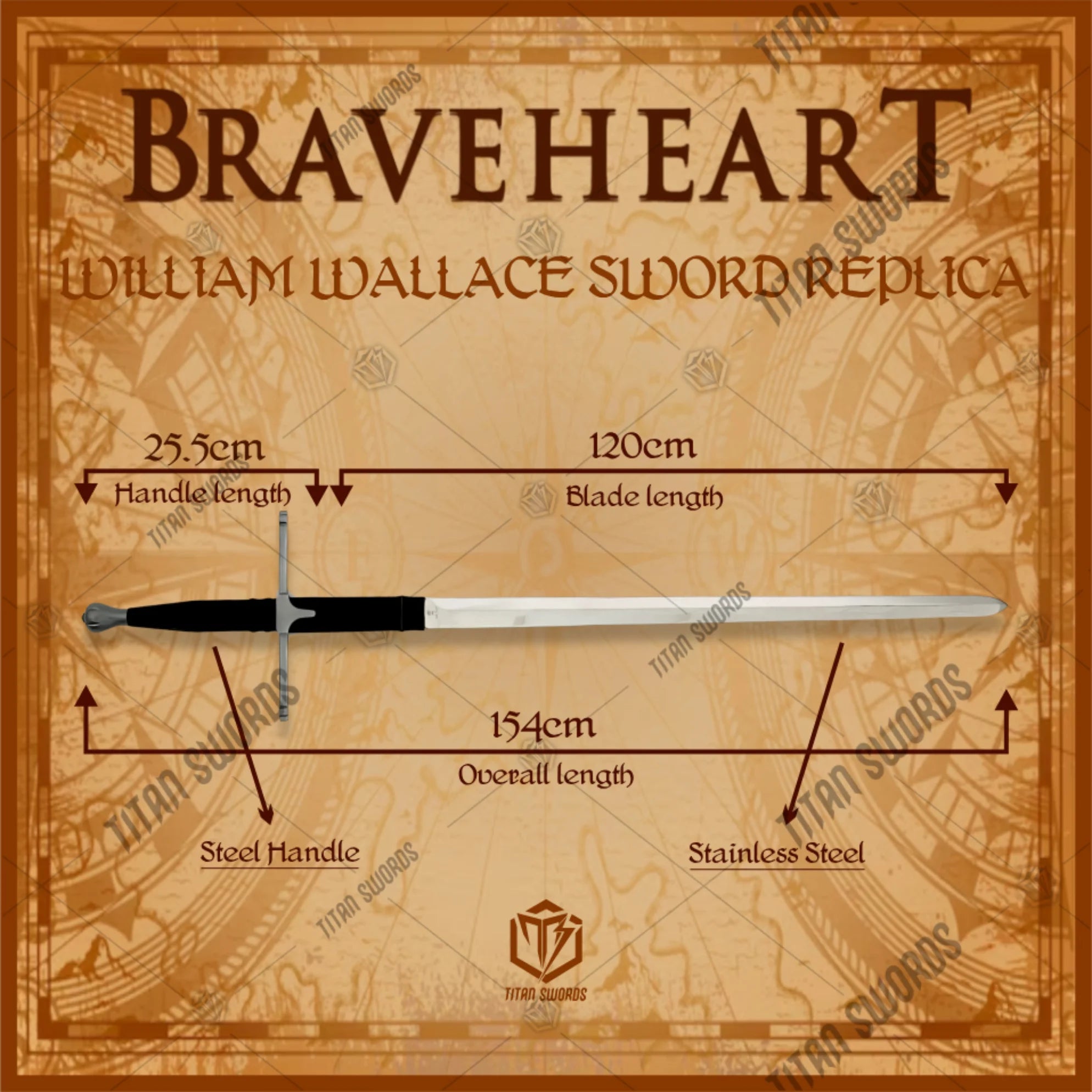 Premium Braveheart William Wallace Sword Replica with Celtic engravings.