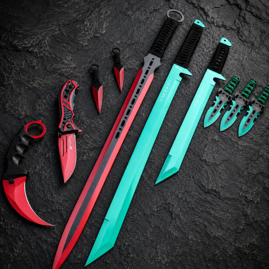 Christmas sword set 10-piece fantasy display prop collectible neatly arranged inside a protective presentation-style case
