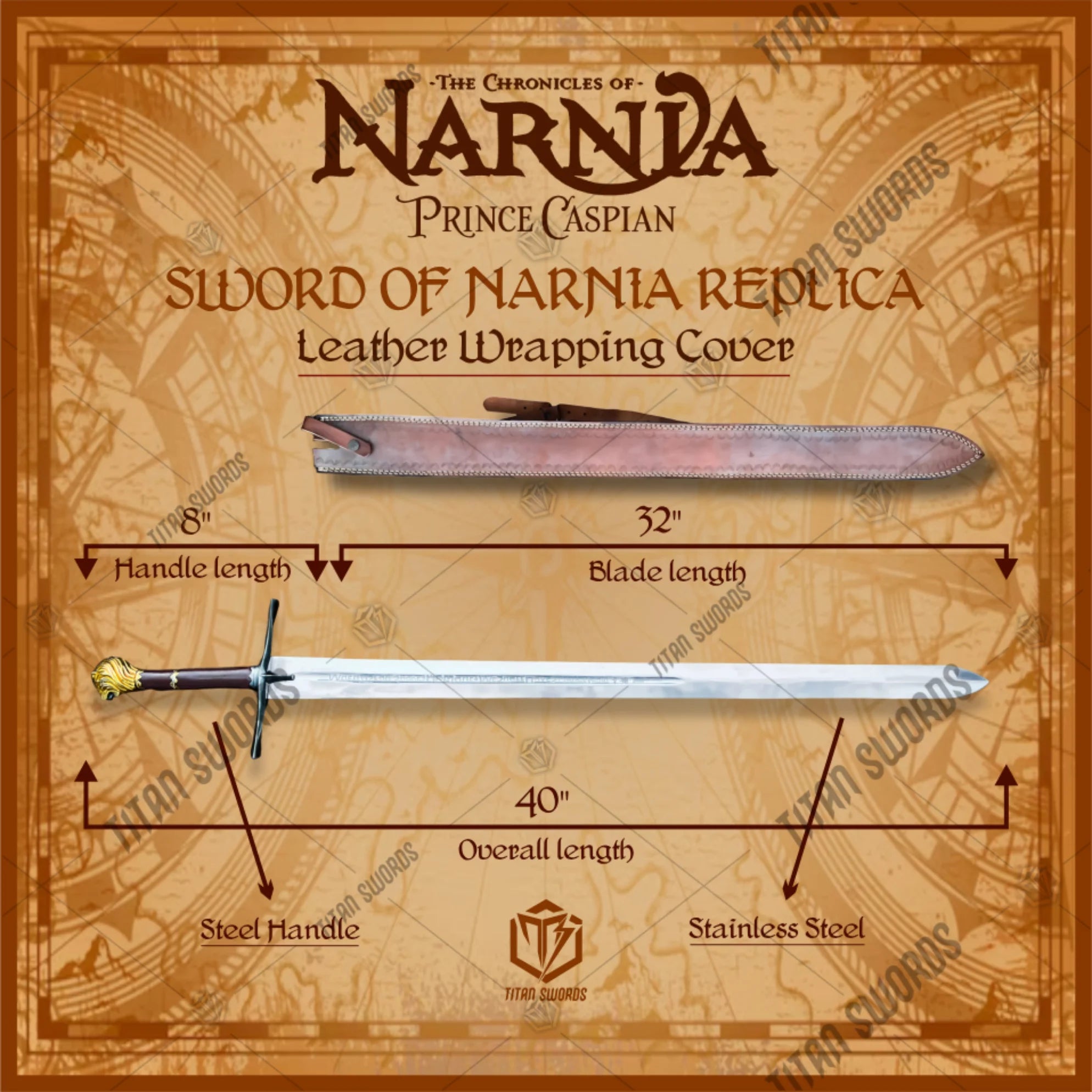 Premium Chronicles of Narnia Prince Peter Rhindon Sword Replica with runic engravings.