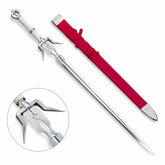 Ciri Zireael sword prop replica Red Edition full length on mossy rock with free red scabbard showing polished silver blade central fuller groove ornate angular crossguard pointed quillon spikes smooth ivory cream grip silver collar ring and silver ring pommel – Witcher display collectible