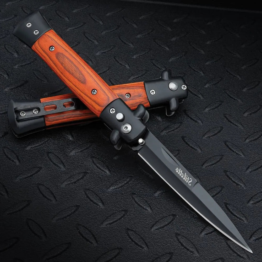 Classic gangster automatic stiletto pocket knife closed with wood inlay handle and stainless steel construction