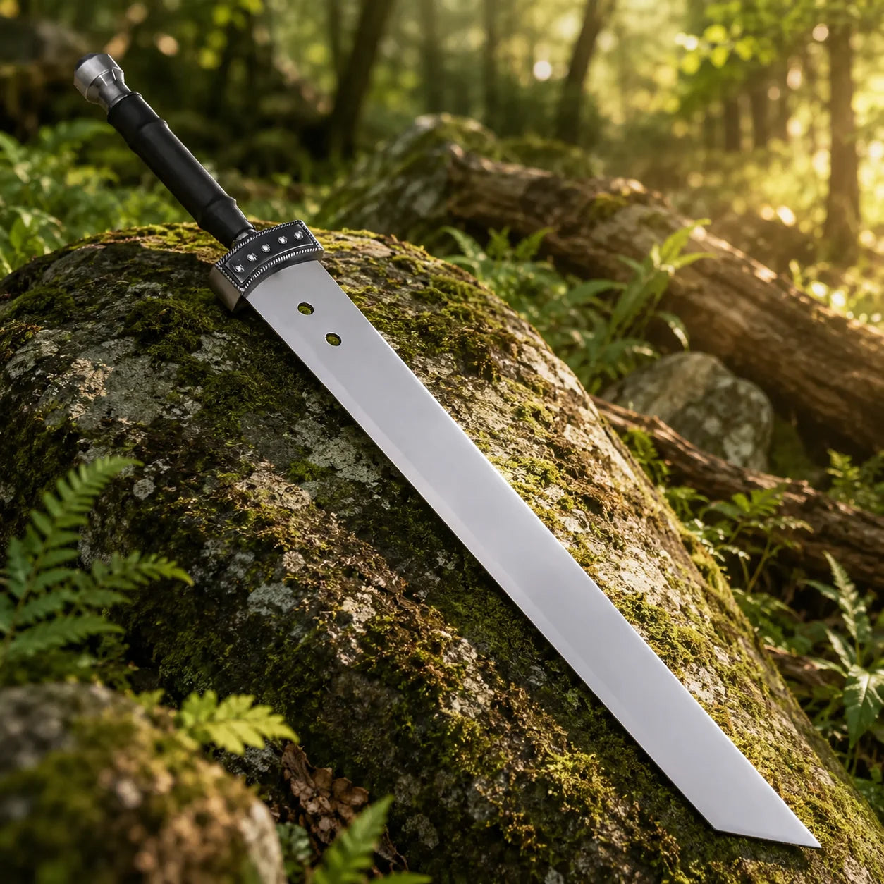 Final Fantasy VII Buster Sword display prop replica leaning against log forest background