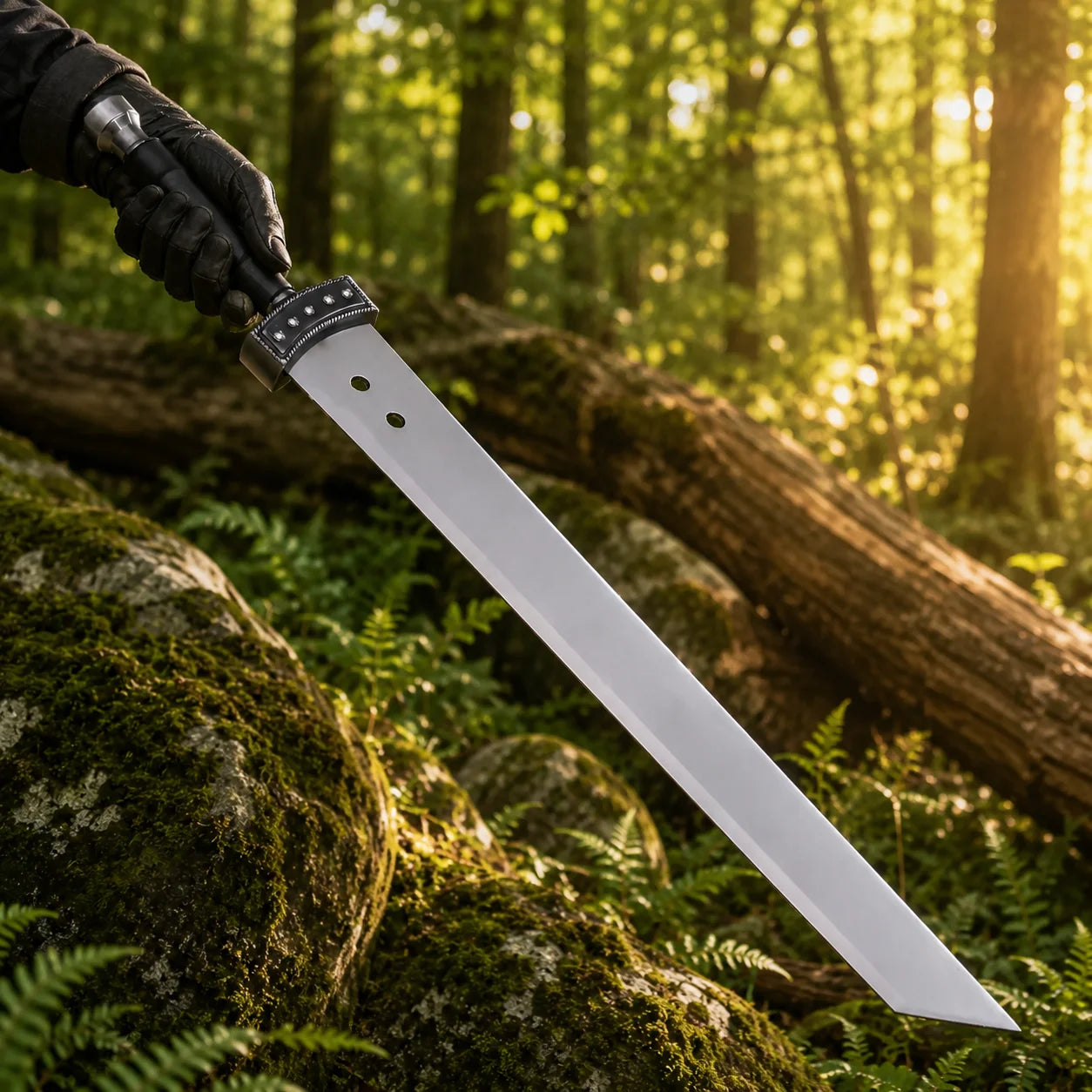 Cloud Strife Buster Sword prop replica resting on mossy rock full view Final Fantasy VII collectible