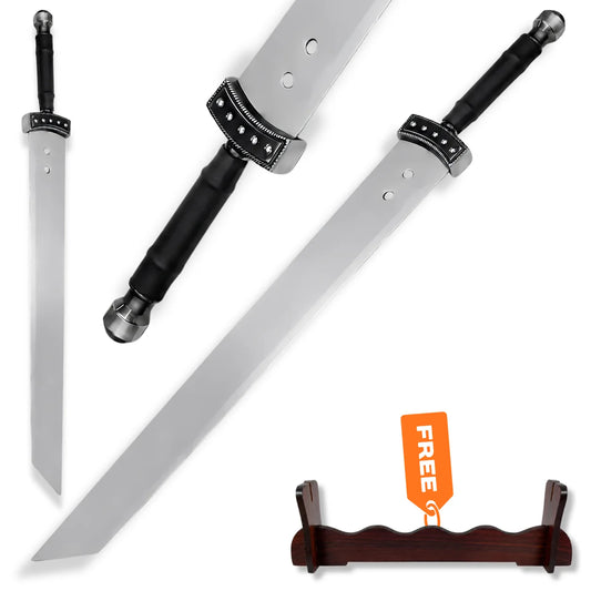 Cloud Strife Buster Sword Final Fantasy prop replica with wide silver blade, black handle, detailed guard and wooden display stand
