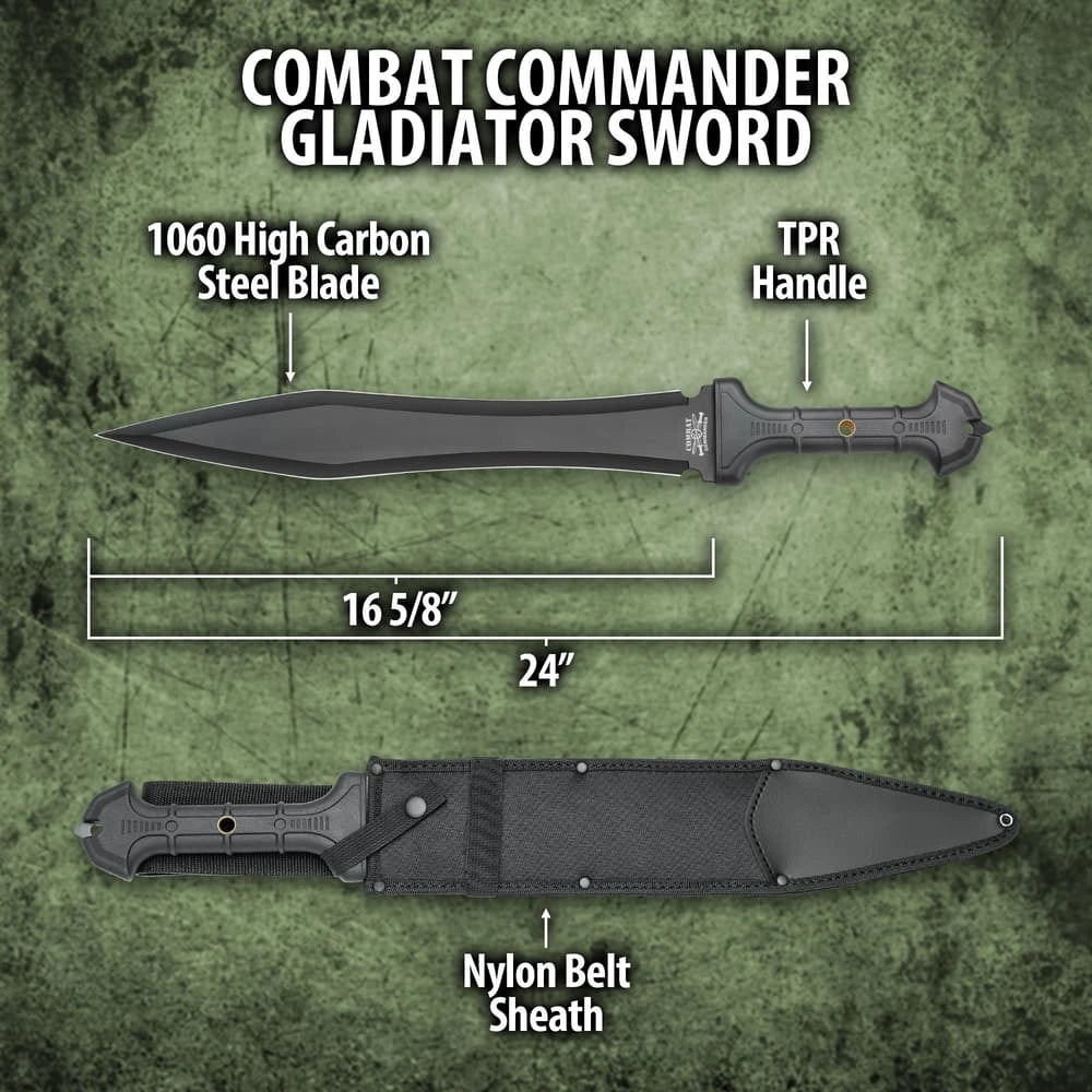 Combat Commander gladiator sword – 60.96cm carbon steel Roman gladius with 42.23cm sharpened blade, TPR rubber grip & brass guard | Premium gladius replica for cosplay and reenactment