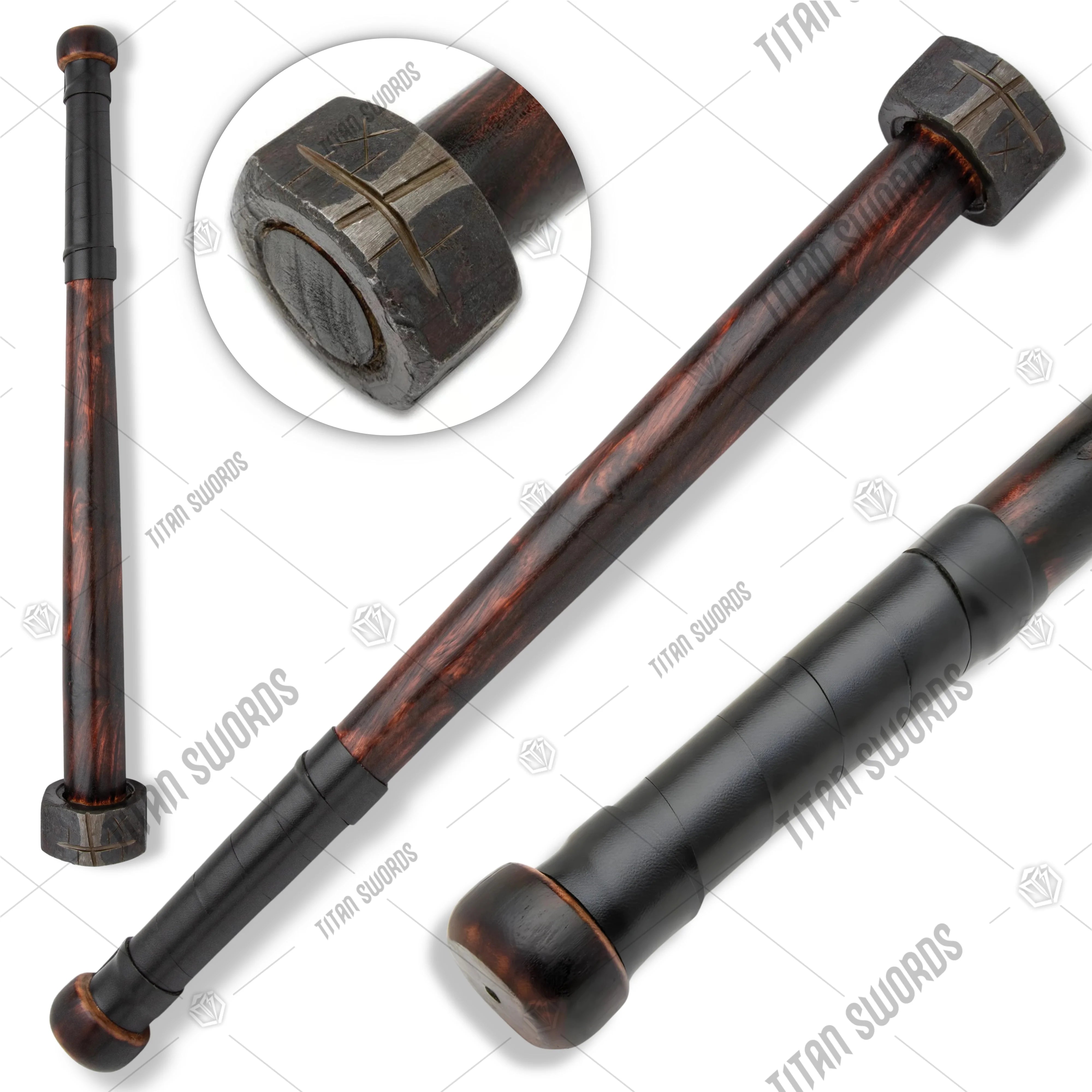 Premium Compact Apocalyptic War Club Antique Burnt Wood Handle with iron head.