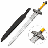 Conan Atlantean sword prop replica full length on mossy rock with free dark charcoal black leather scabbard alongside showing polished silver blade runic engravings ornate dragon crossguard yellow cord grip and skull pommel – Conan the Barbarian display collectible