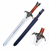 Conan Father's sword prop replica full length on mossy rock showing polished silver blade with central fuller runic engravings dark bronze bull skull crossguard red leather cord grip and ornate silver scroll pommel – Conan the Barbarian display collectible