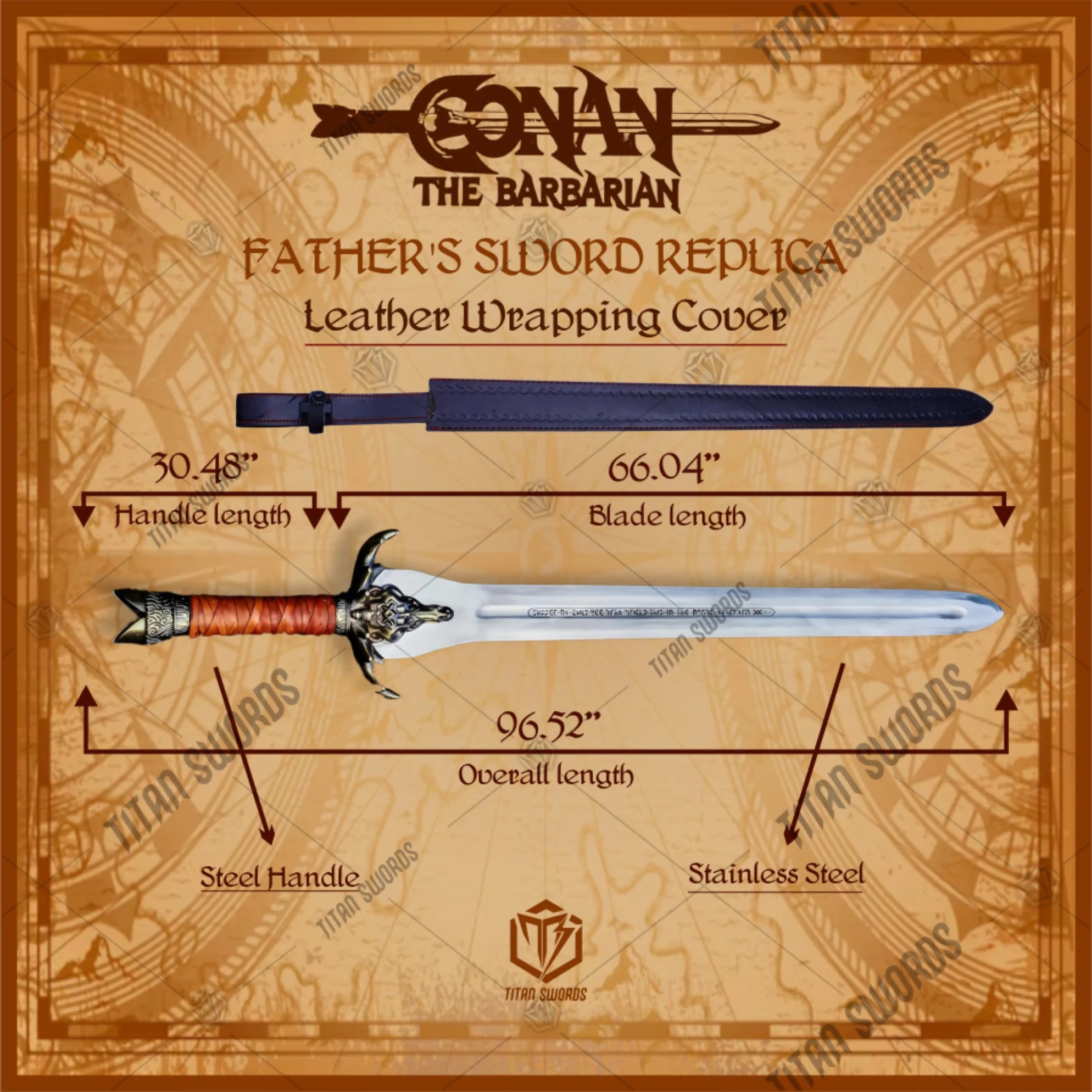 Premium Conan The Barbarian Father's Sword Replica with runic engravings.