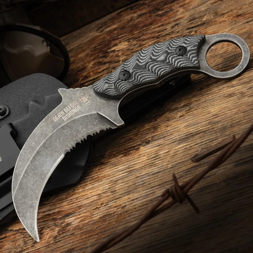 Elite Death Before Dishonor Micarta Karambit open view
