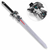 Close-up of Demacia sword replica handle with dragon crossguard and emerald gem accents – League of Legends display collectible