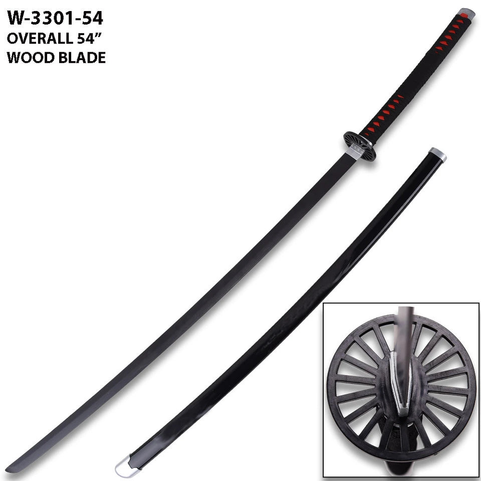 High-quality Tanjiro Black Nichirin Wood Katana collectible photographed from multiple viewing angles showcasing premium wooden construction, decorative fantasy styling, matching plastic scabbard, and elegant presentation for Demon Slayer fans.