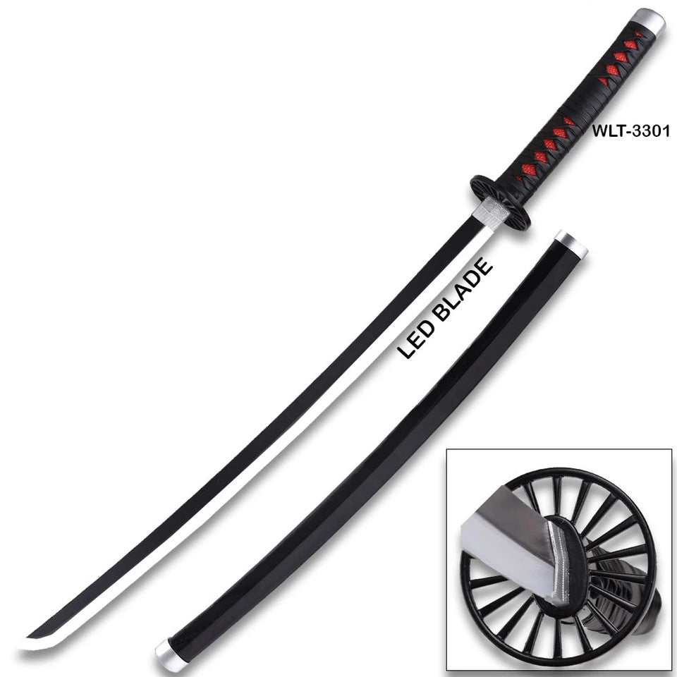 Demon Slayer Giyu Tomioka LED katana replica with black scabbard, black and red diamond-wrapped handle, circular tsuba, and white LED blade — full sword and sheath view on white background