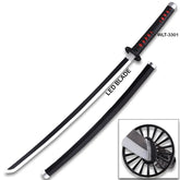 Demon Slayer Giyu Tomioka LED katana replica with black scabbard, black and red diamond-wrapped handle, circular tsuba, and white LED blade — full sword and sheath view on white background