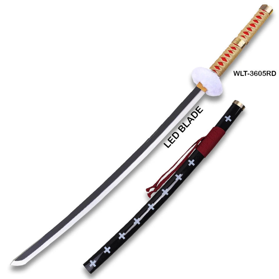 Demon Slayer Kyojuro Rengoku LED katana replica with gold and red diamond-wrapped handle, white fur tsuba guard, black scabbard with cross motifs, and illuminated white LED blade on white background