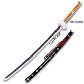 Demon Slayer Kyojuro Rengoku LED katana replica with gold and red diamond-wrapped handle, white fur tsuba guard, black scabbard with cross motifs, and illuminated white LED blade on white background