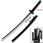 Demon Slayer Muichiro Tokito LED katana replica displayed with black scabbard and decorative display stand on white background