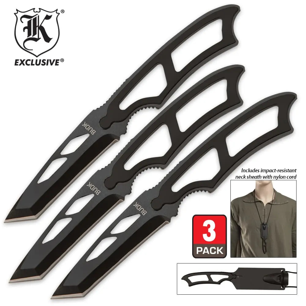 Survivor 3 piece neck knife set with lightweight sheaths and neck cords