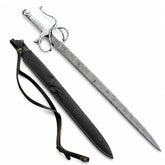 El Cid Damascus Sword prop replica with decorative scabbard on mossy log – medieval display collectible