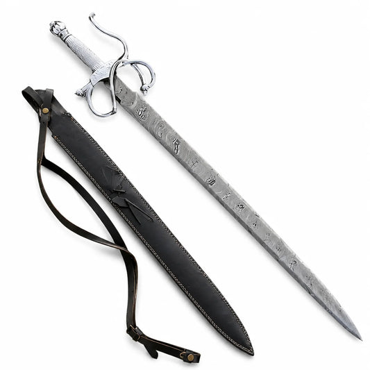 El Cid Damascus Sword prop replica with decorative scabbard on mossy log – medieval display collectible