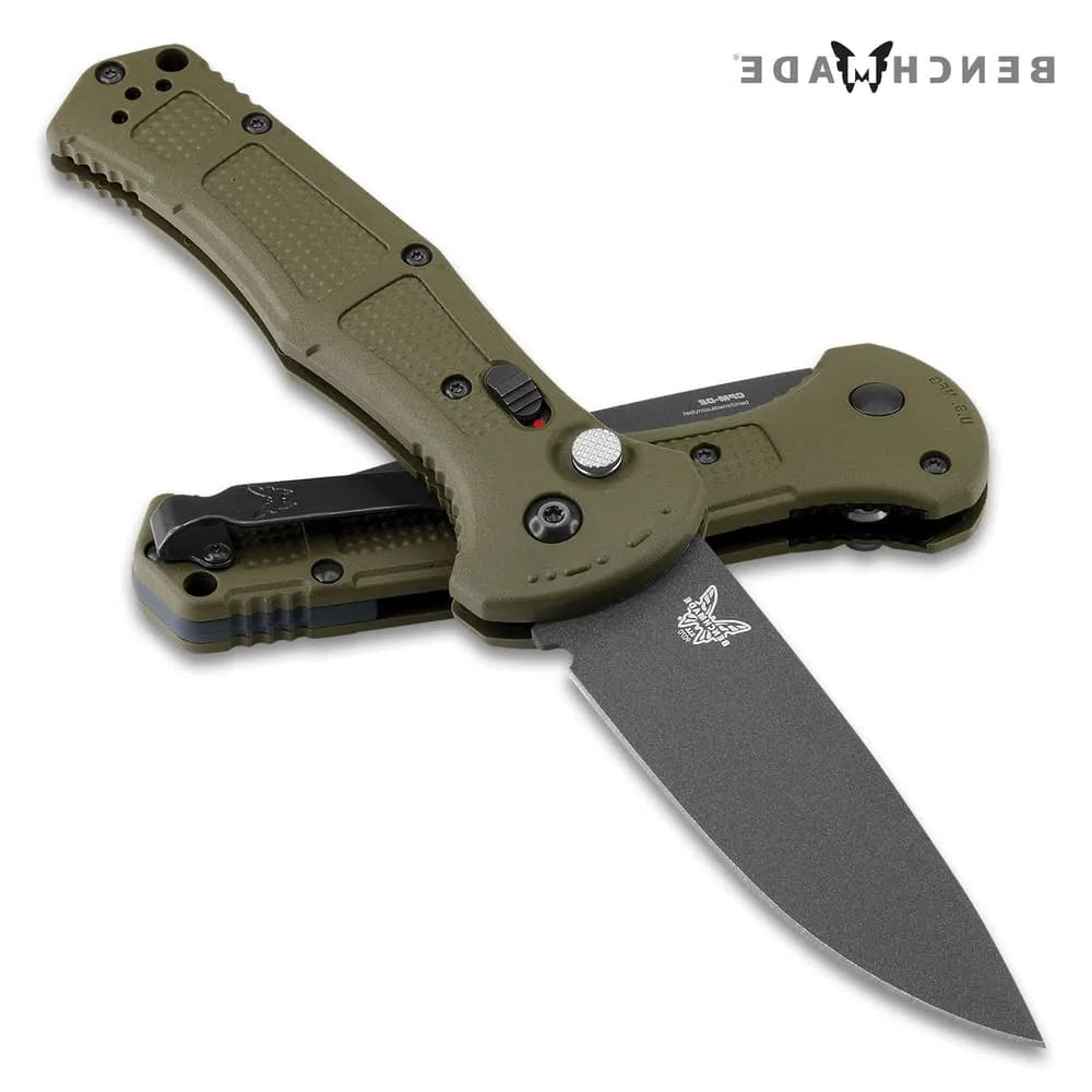 Push-button mechanism with safety Benchmade Claymore