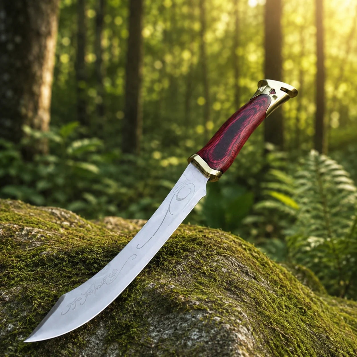 Elven knife of Aragorn prop replica side profile flat on mossy rock in sunlit fern forest showing complete curved polished silver Elvish blade with Elvish swirl engravings deep crimson pakkawood grip and ornate gold brass pommel cap – LOTR Aragorn collectible