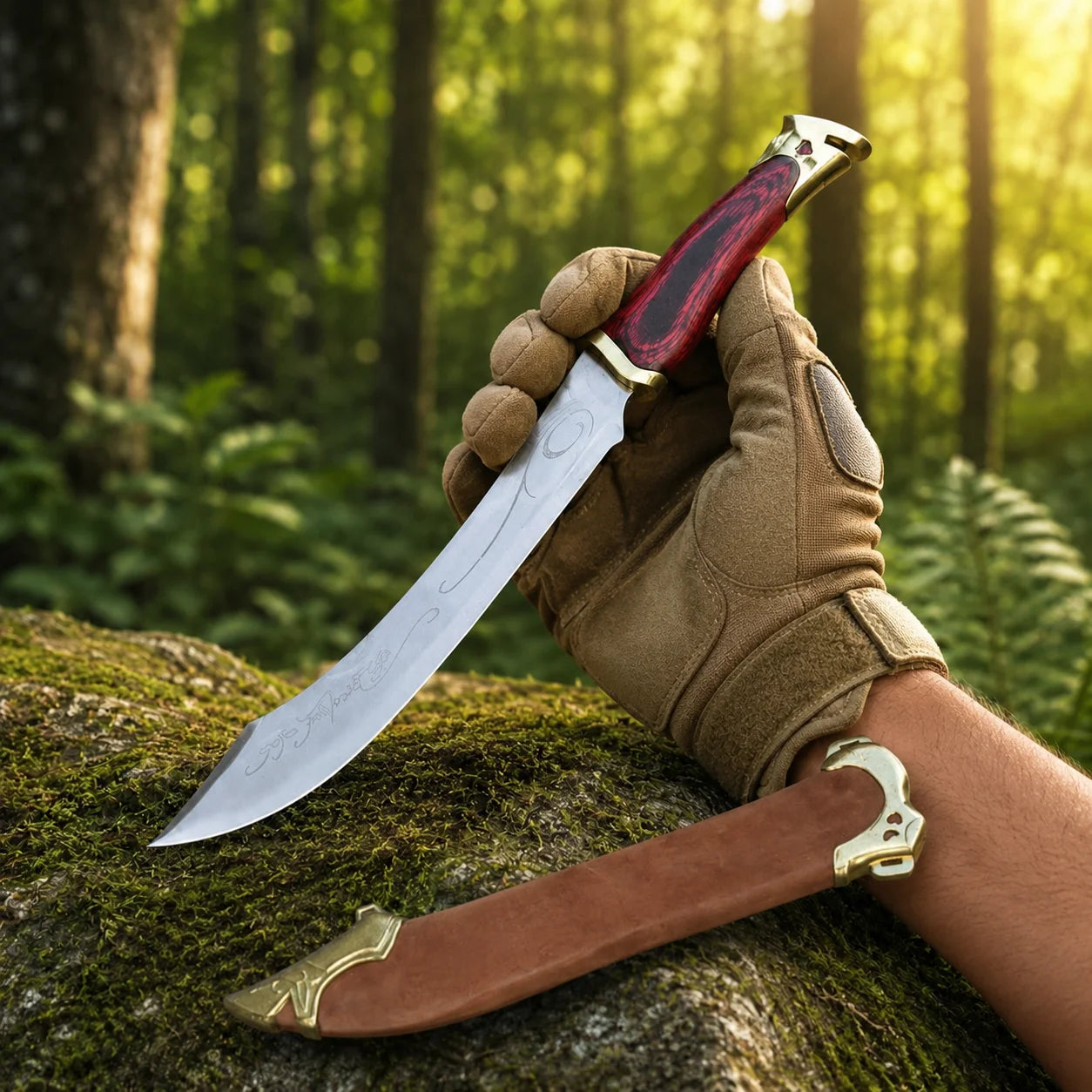 Elven knife of Aragorn prop replica alternate full length view on mossy rock in sunlit forest showing complete curved polished silver Elvish blade with Elvish scroll swirl engravings deep crimson pakkawood grip and ornate gold brass pommel – Tolkien LOTR fan gift