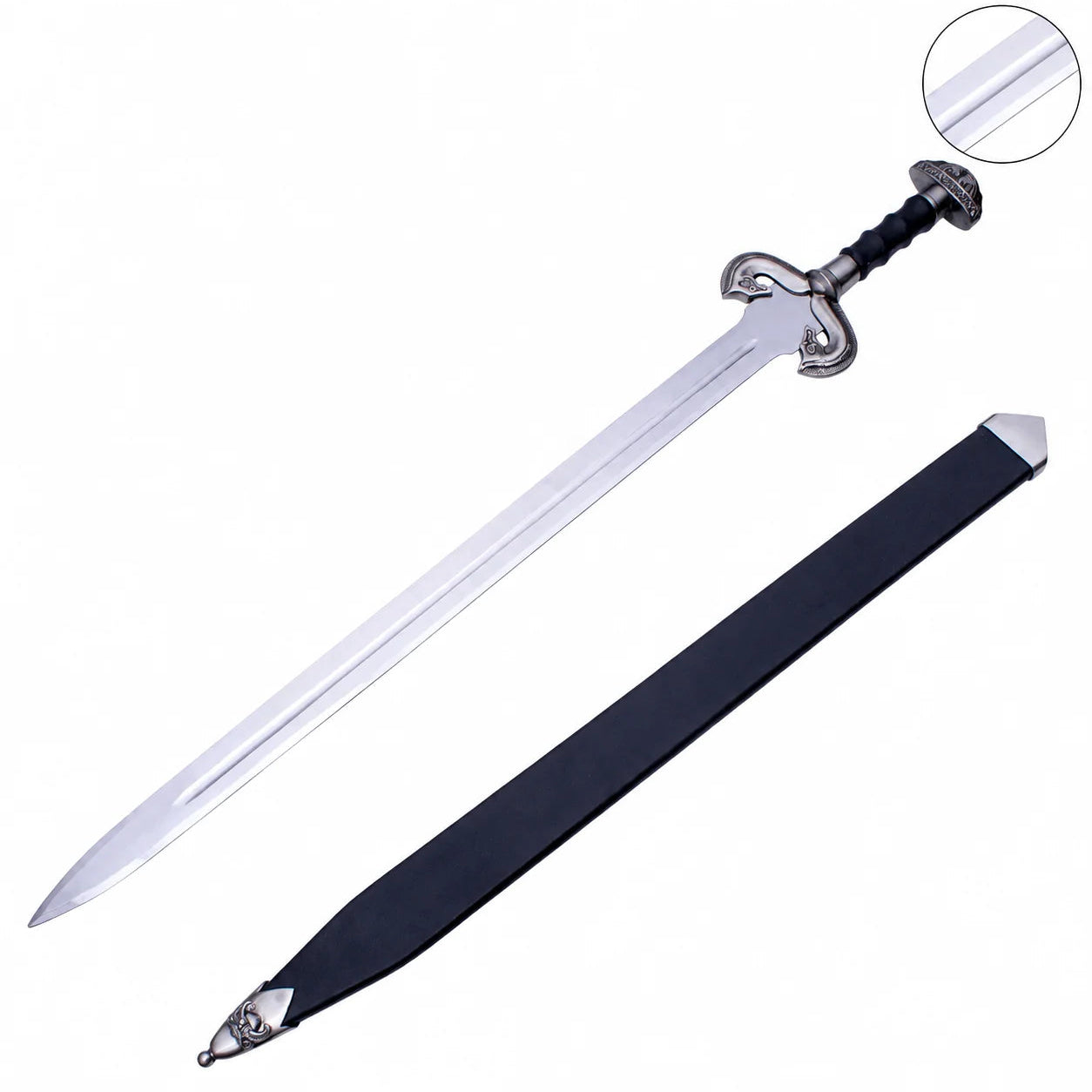 Eowyn Sword Lord of the Rings display replica collectible with silver and gold-tone fantasy styling, dark handle, and collectible Rohan decor presentation