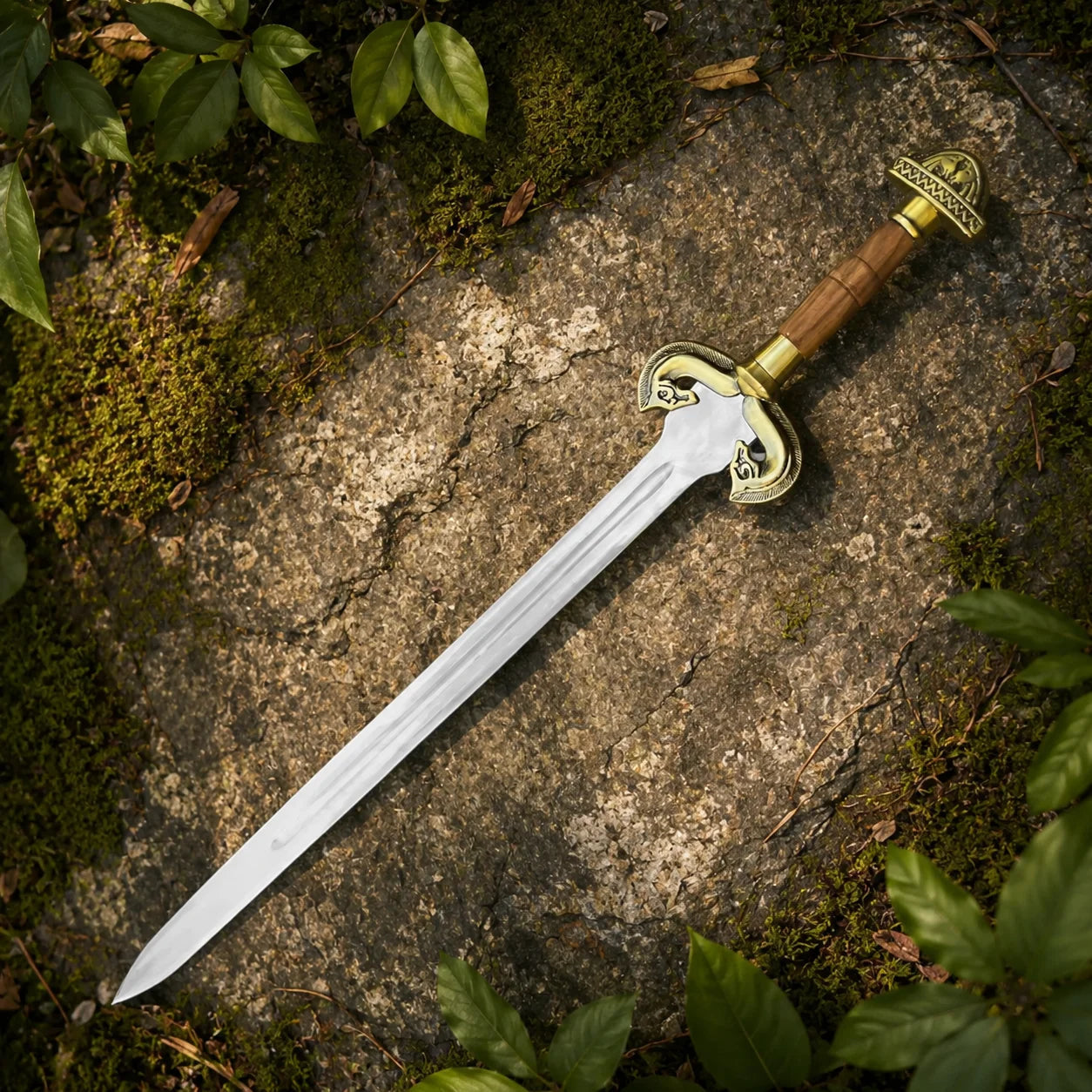 Eowyn Sword Lord of the Rings display replica collectible with silver and gold-tone fantasy styling, dark handle, and collectible Rohan decor presentation