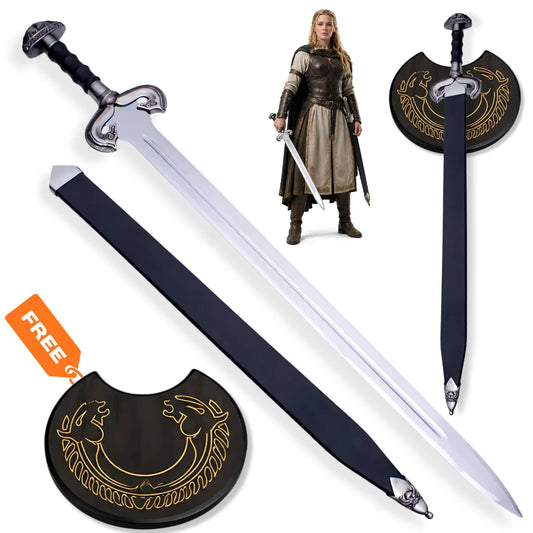 Eowyn Shieldmaiden sword LOTR prop replica with black scabbard and decorative Rohan horse wall display plaque