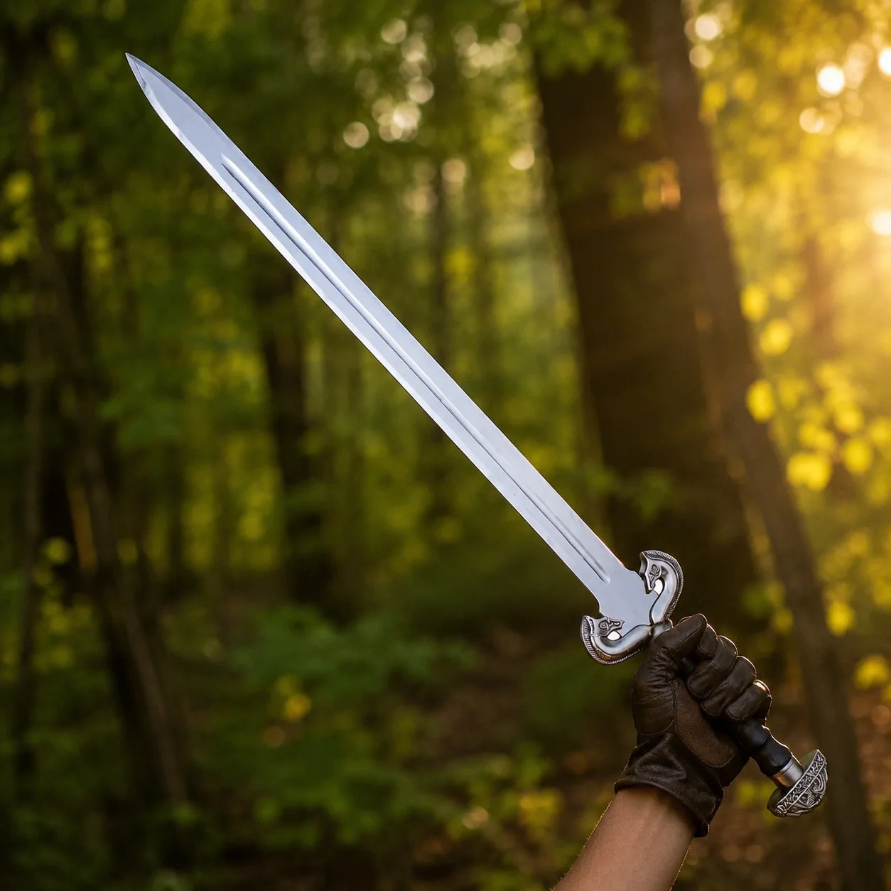 Éowyn sword prop replica full length on mossy stone in sunlit forest showing complete polished silver double fuller blade ornate antique brass crossguard brown leather grip and domed pommel – Tolkien LOTR collectible