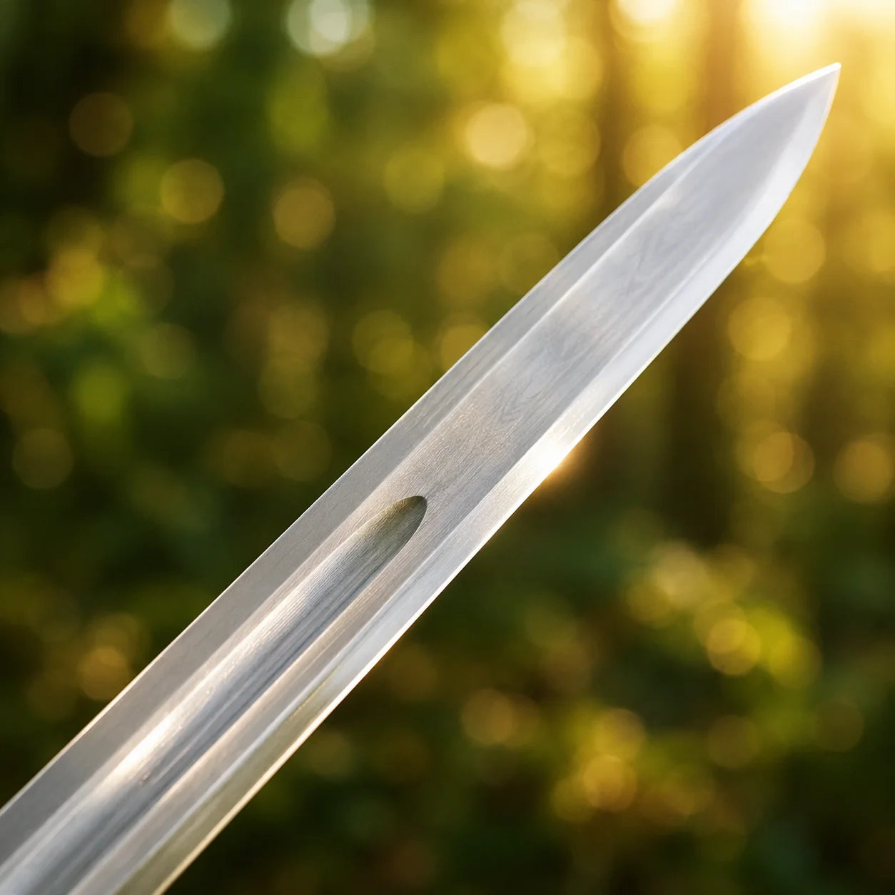 Éowyn sword prop replica full length on mossy stone in sunlit forest showing complete polished silver blade ornate antique brass swan-head crossguard brown leather ribbed grip and domed pommel – LOTR display collectible