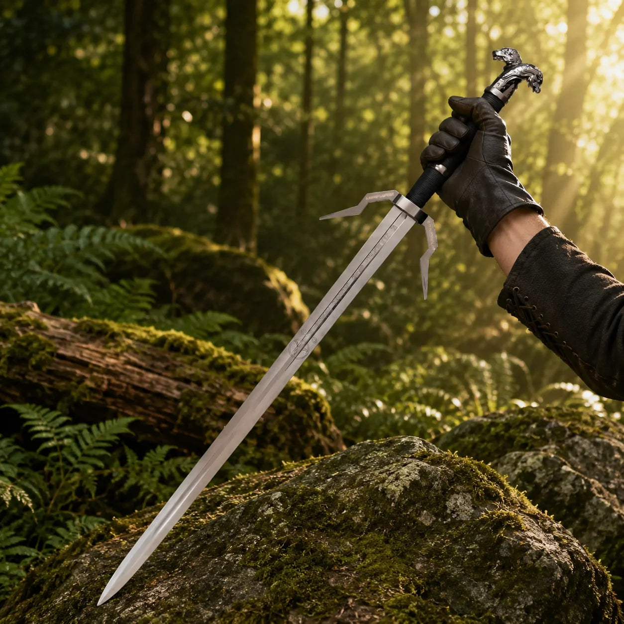 Geralt of Rivia silver sword prop replica on mossy rock – Witcher fantasy collectible