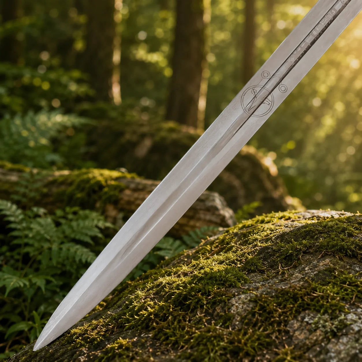 Geralt silver sword and leather scabbard prop replica set laid on mossy rock – Witcher collectible