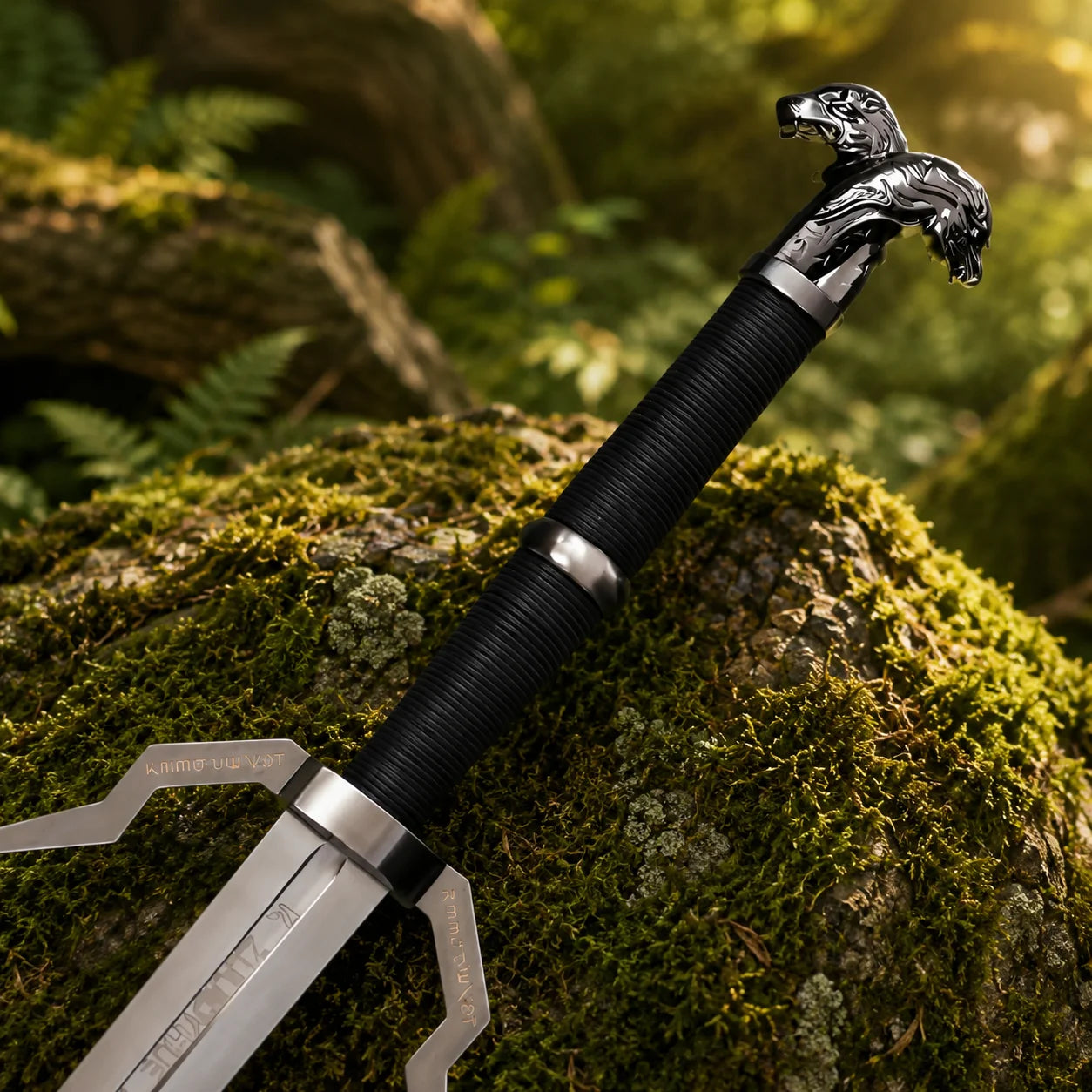 Geralt's silver sword prop replica resting on fallen log in forest – Witcher display piece