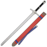 Fate Stay Night Archer Shirou Emiya replica sword crossed over red and blue leather scabbard on white background, showcasing full blade and crossguard detail