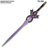 Close-up of the Furina Festering Desire Sword display collectible showcasing intricate engravings, detailed crossguard, elegant purple decorative elements, premium handle craftsmanship, and game-inspired styling from Genshin Impact.