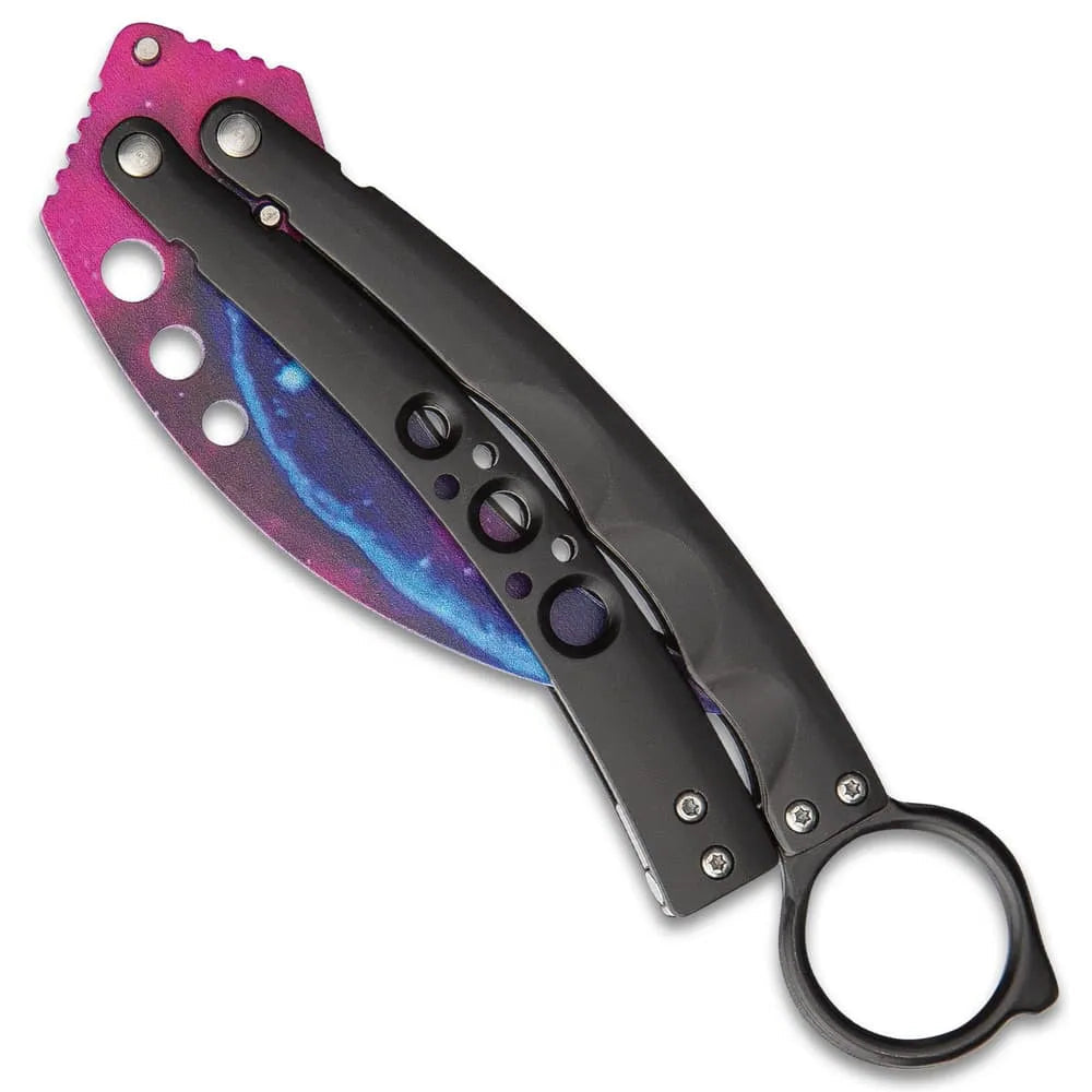 Elite Galaxy Karambit Balisong Knife open flip view