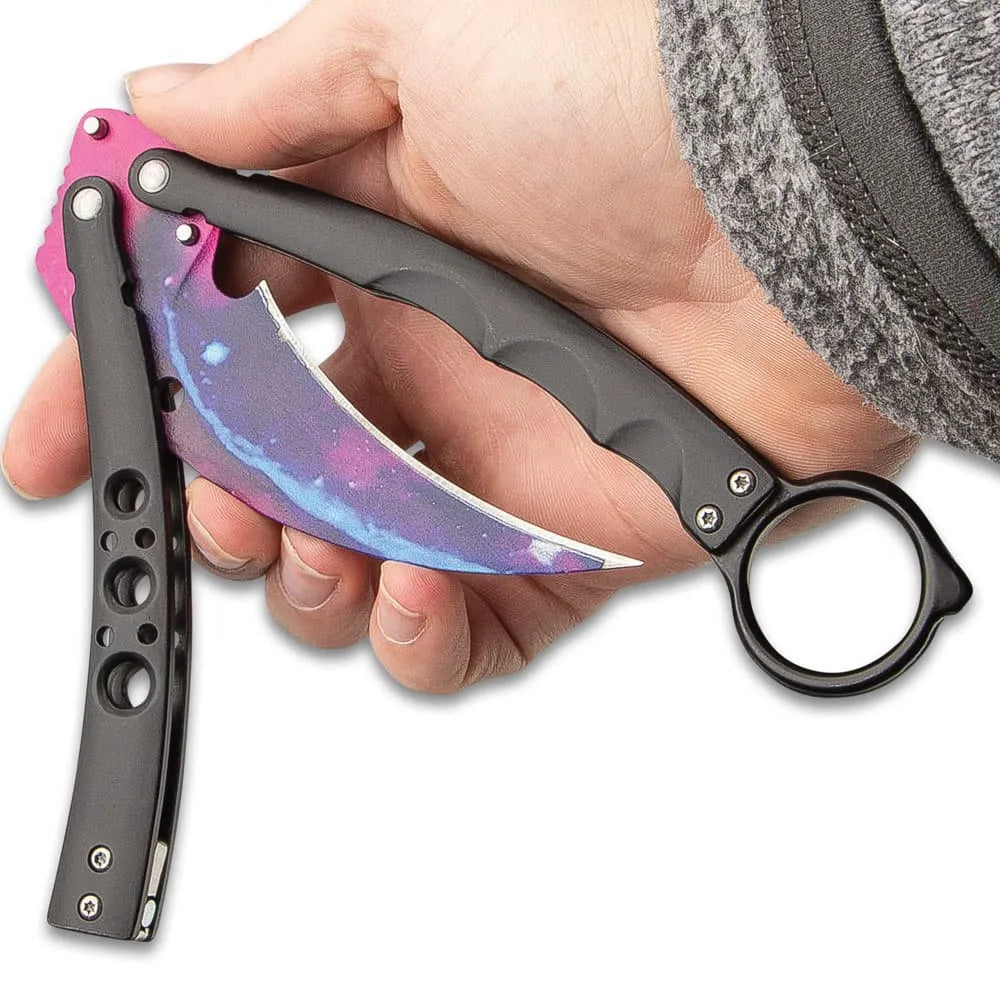 Elite Galaxy Karambit Balisong Knife open flip view